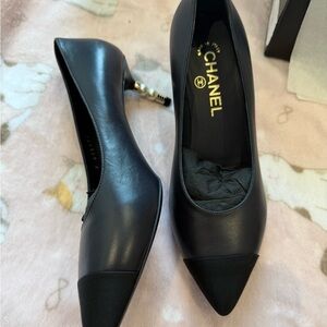 CHANEL Navy Leather Heels with Pearl Accent size 38